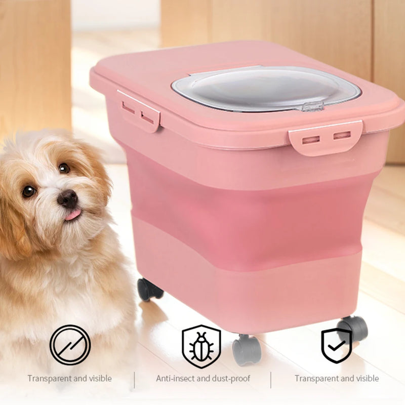 Sealing Kitchen Grain Rice Storage Box Collapsible Dry Cat Food Box 20-30LB Large Capacity Dog Snack Container with Lid & Wheels