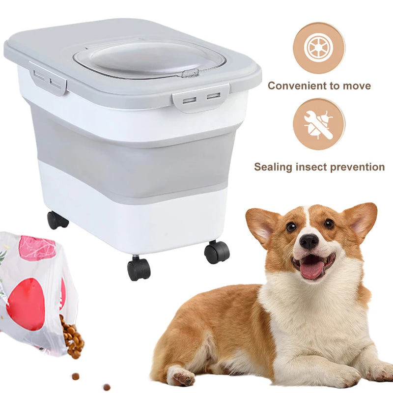 Sealing Kitchen Grain Rice Storage Box Collapsible Dry Cat Food Box 20-30LB Large Capacity Dog Snack Container with Lid & Wheels