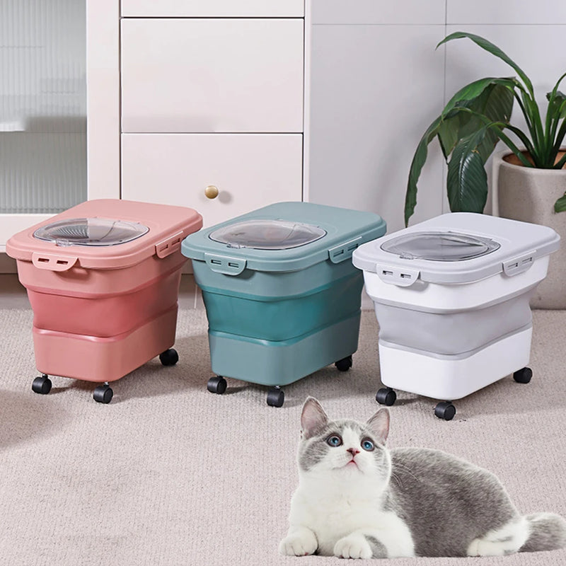 Sealing Kitchen Grain Rice Storage Box Collapsible Dry Cat Food Box 20-30LB Large Capacity Dog Snack Container with Lid & Wheels