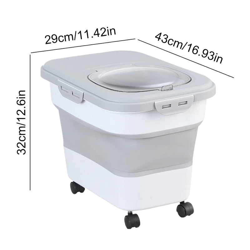 Sealing Kitchen Grain Rice Storage Box Collapsible Dry Cat Food Box 20-30LB Large Capacity Dog Snack Container with Lid & Wheels