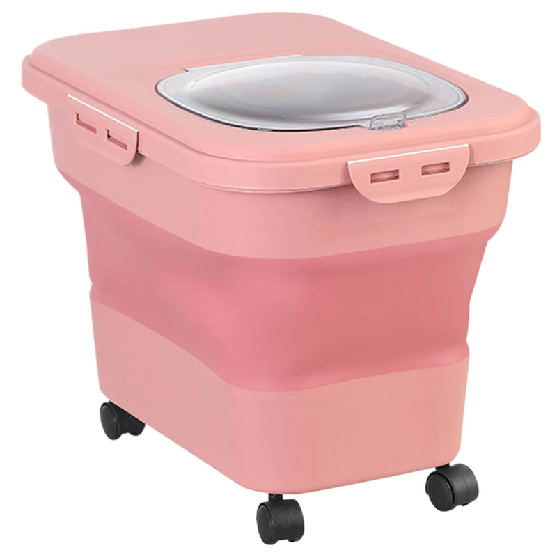 Sealing Kitchen Grain Rice Storage Box Collapsible Dry Cat Food Box 20-30LB Large Capacity Dog Snack Container with Lid & Wheels