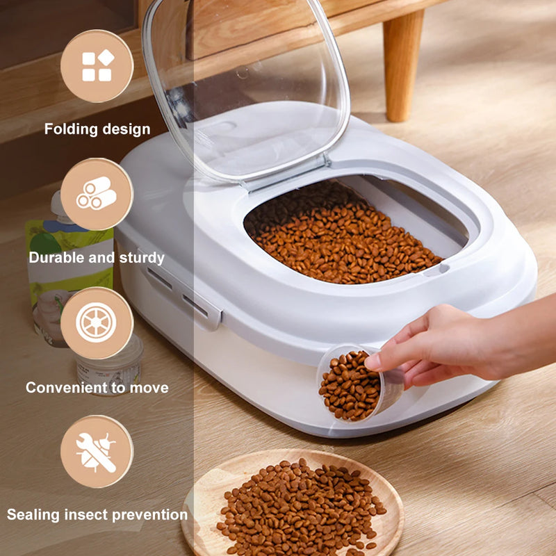 Sealing Kitchen Grain Rice Storage Box Collapsible Dry Cat Food Box 20-30LB Large Capacity Dog Snack Container with Lid & Wheels